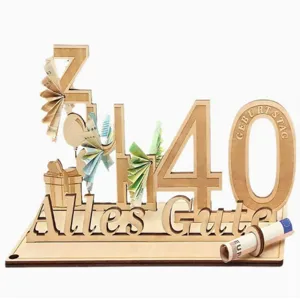 Wooden birthday money gift holder stand with German engraving party decoration display