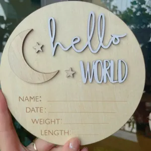 Wooden newborn announcement sign, hello world moon and stars baby milestone photo prop