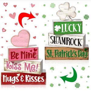 Reversible wooden block decor for Valentine's Day and St. Patrick's Day tiered tray setup.