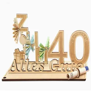 Wooden 40th birthday money gift holder, creative cash display stand, party decoration craft.