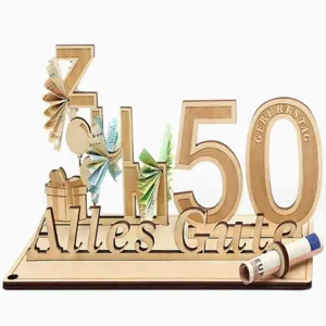 Wooden birthday money gift holder with German text for creative party celebration.