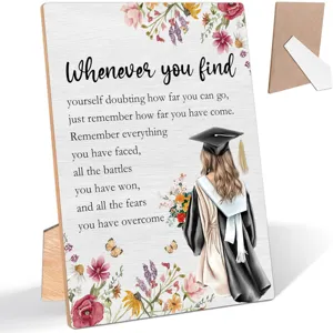 Wooden graduation plaque desk ornament detail view showcase graduation gift decor.