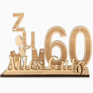 Wooden 60th birthday table centerpiece decoration detail shot, laser cut wooden craft.
