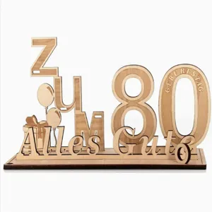 Wooden 80th birthday party decoration sign, German blessing craft gift for tabletop display.
