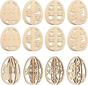 Oeufs de Pâques en bois bricolage creux non peints artisanat tranches de bois fête déco.