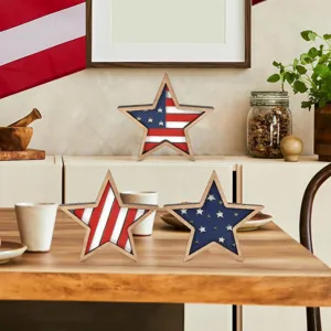 Patriotic wooden star tabletop decor, 4th of July Independence Day rustic tiered tray ornament.