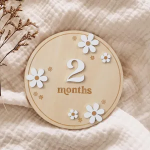 Wooden baby monthly milestone plaque 2 months newborn photography prop white daisy design.