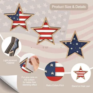 Wooden star patriotic 4th of July decorations with red white blue flag print table decor.