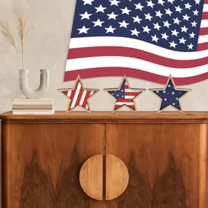 Detailed view of rustic wooden star ornaments with patriotic American flag designs for holidays.