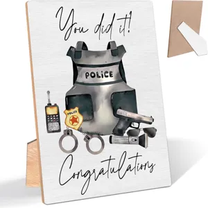 Wooden police theme graduation plaque desk ornament detail showing front design and back stand.