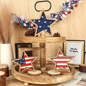 Close-up detail of rustic wooden star tiered tray decor, perfect for patriotic holiday centerpieces.