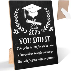 Wooden graduation plaque detail shot showing engraved inspirational text and back stand feature.