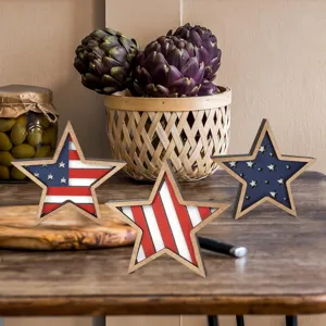 Patriotic wooden star decorations for 4th of July Independence Day, detail close-up.