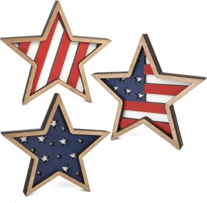 Wooden star decorations with patriotic US flag design, perfect for 4th of July party decor.