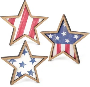 Wooden star decorations, 4th of July patriotic wooden star ornaments for holiday home tabletop decor