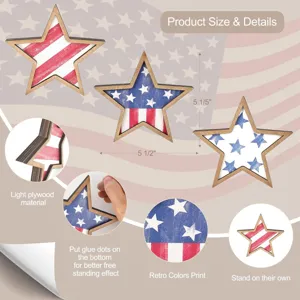 Patriotic July 4th wooden star tabletop decoration with retro US flag print and stand design.