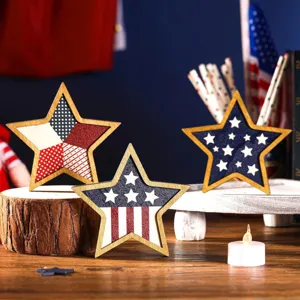 Wooden patriotic star decoration detail showing American flag patterns and rustic wood grain.