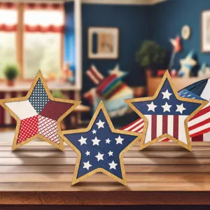 Fourth of July patriotic wooden star decoration set for festive home table decor display.