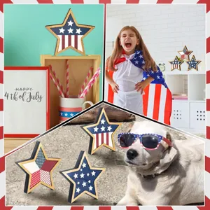 Patriotic wooden star detail shot, rustic 4th of July holiday table decor and party display.