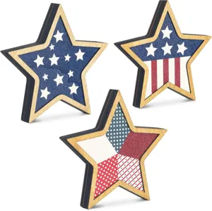 Close-up detail of patriotic wooden star ornaments with red white and blue star patterns.