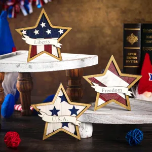 Patriotic 4th of July wooden star table decoration set featuring USA flag and text.