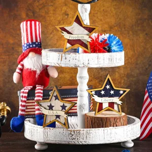 Patriotic 4th of July wooden star tiered tray decor set with gnome and mini flags