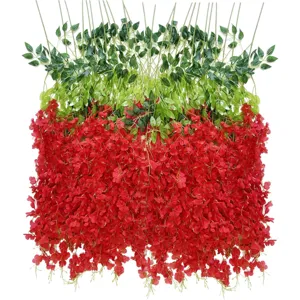 Flores colgantes artificiales de vid de glicina roja para decoracion de techo