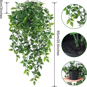 Détails en gros plan des feuilles de plantes artificielles et du pot avec dimensions.