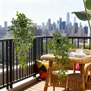 Détail de plante artificielle suspendue pour balcon et décor de scène intérieure.