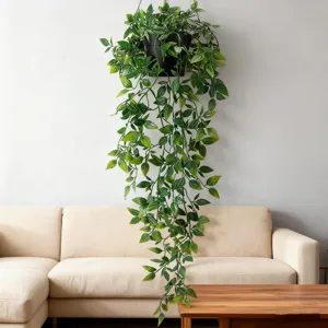 Détail de plante artificielle suspendue, feuilles de vigne d'eucalyptus réalistes pour belle déco.