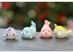 Mini cartoon marine animal blind box figure seal and narwhal set for cute micro landscape decor