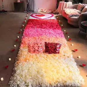 Detailed view of artificial rose petals arranged in a colorful gradient path for romantic indoor setup.