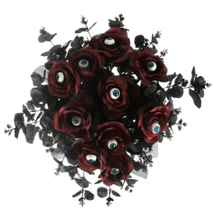 Halloween black artificial rose bouquet with creepy eyeball decor for party and home yard.
