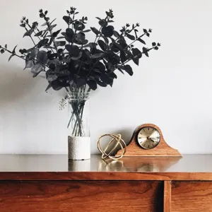 Detailed view of black artificial eucalyptus plant branches in glass vase for home decor.