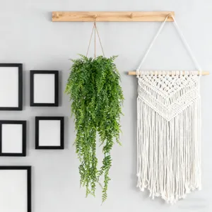 Artificial hanging fern plant and macrame wall hanging decor set for home indoor styling.