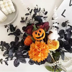 Halloween artificial flower bouquet black eucalyptus leaves plastic plant party decor