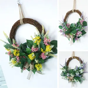 Artificial floral wreath for front door hanging, rustic pastoral style home decor with fake flowers.