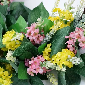 Artificial flower wreath green leaves yellow pink flowers door hanging home decor detail