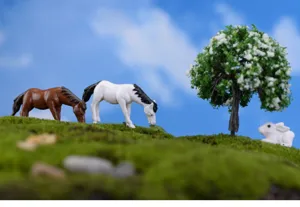 Miniature landscape animal figurines set, cute resin horse and rabbit decor for DIY crafting.