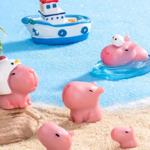 Set de figuras en miniatura de capibara rosa, decoración de pastel micro paisaje.