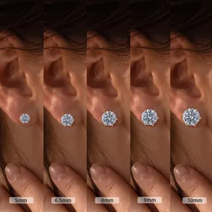 Detaillierter Größenvergleich von 14K Gold Labor-Diamantohrring von 5mm bis 10mm am Ohr