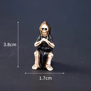 Halloween miniature grim reaper skull figurine, spooky resin tiny ghost decor for micro landscape.