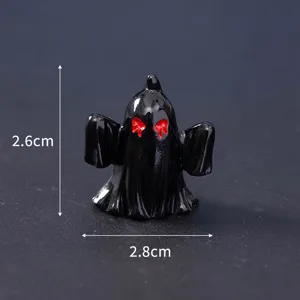 Mini Halloween black ghost resin figurine with red bleeding eyes, micro landscape decor.