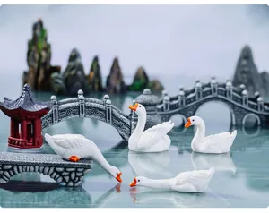 Miniatura resina cisnes blancos figuras chino bonsái rocalla pabellón jardín decorado