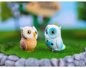 Miniature resin owl figurines detail shot, perfect for fairy garden landscape desktop decor.