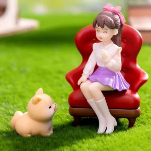 Miniature resin girl and dog figurine for desktop or car interior decoration ornament