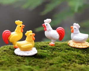 Miniature resin chicken figurines close-up, perfect micro landscape and desktop decor.