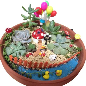 Succulent micro landscape potted plant with cute miniature mushroom house and animal ornaments.