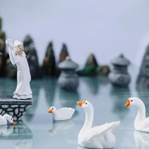 Chinese micro landscape resin craft bonsai ornament miniature figure and white geese decor.