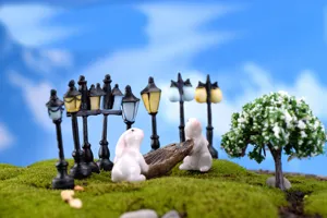 Adorno de resina de paisaje en miniatura farola vintage conejo jardín de hadas decoración acuario